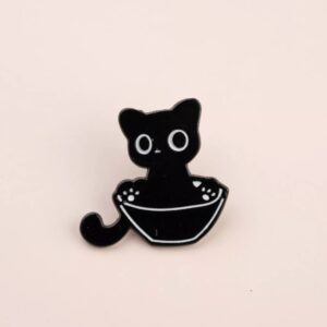 Black Cat in a Bowl Enamel Pin