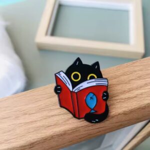 Black Cat Reading Book Enamel Pin